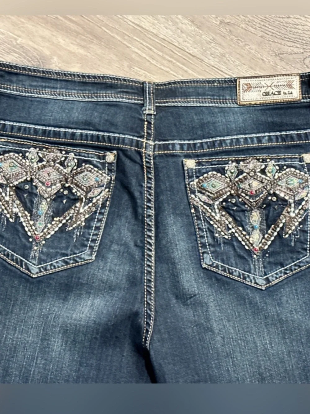 Embroidered Back Pocket Dark Blue Flare Jeans